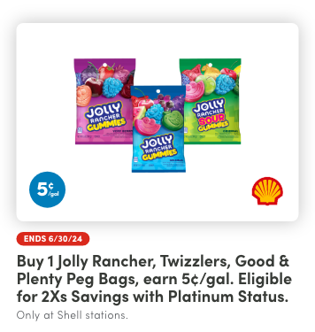Buy 1 Jolly Rancher, Twizzlers, Good & Plenty Peg Bags , earn 0.05 CPG
