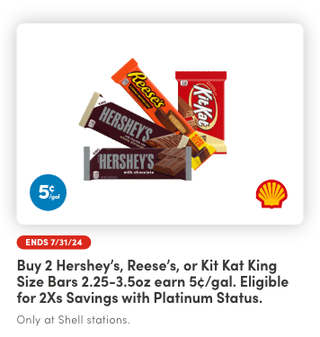 Buy 2 Hershey’s, Reese’s, or Kit Kat King Size Bars 2.25-3.5oz, earn 5 CPG