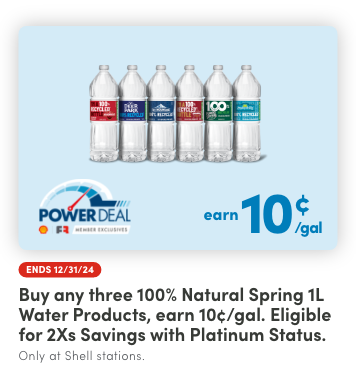 Buy any 3 100% Natural Spring 1L Water Products, earn 10¢/gal