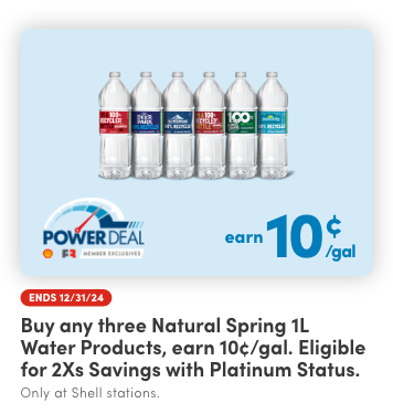 Buy any 3 Natural Spring 1L Water Products, earn 10¢/gal