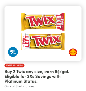 Buy 2 Twix any size, earn 5¢/gal