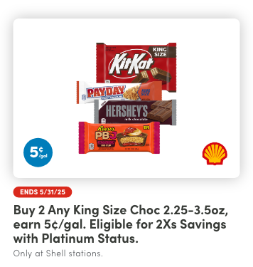 Buy 2 Any King Size Choc 2.25-3.5oz, Earn 5¢/Gal