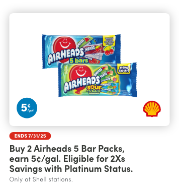 Earn 5¢/gal reward when you buy any (2) Airheads 5 Bar Packs product(s)