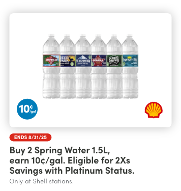 Buy 2 Spring Water 1.5L, Earn 10¢/Gal