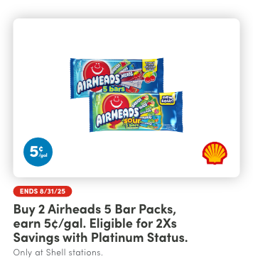 Buy 2 Airheads 5 Bar Packs, Earn 5¢/Gal