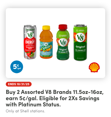 Buy 2 Assorted V8 Brands 11.5oz-16oz, Earn 5¢/Gal