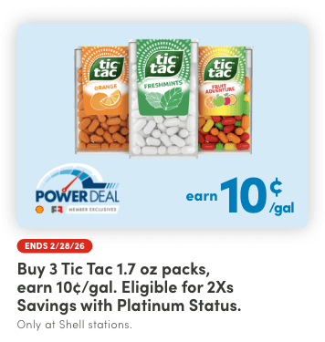 Buy 3 Tic Tac 1.7 oz packs, Earn 10&cent;/Gal