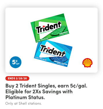 Buy 2 Trident Singles, Earn 5&cent;/Gal