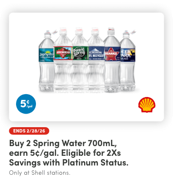 Buy 2 Spring Water 700mL, Earn 5&cent;/Gal