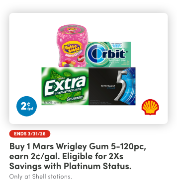 Buy 1 Mars Wrigley Gum 5-120pc, Earn 2&cent;/Gal