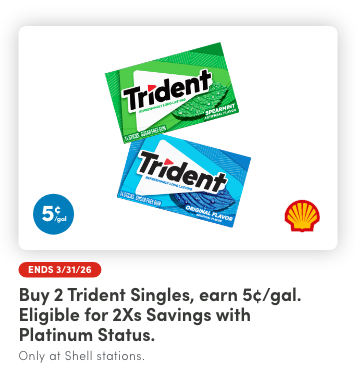 Buy 2 Trident Singles, Earn 5&cent;/Gal